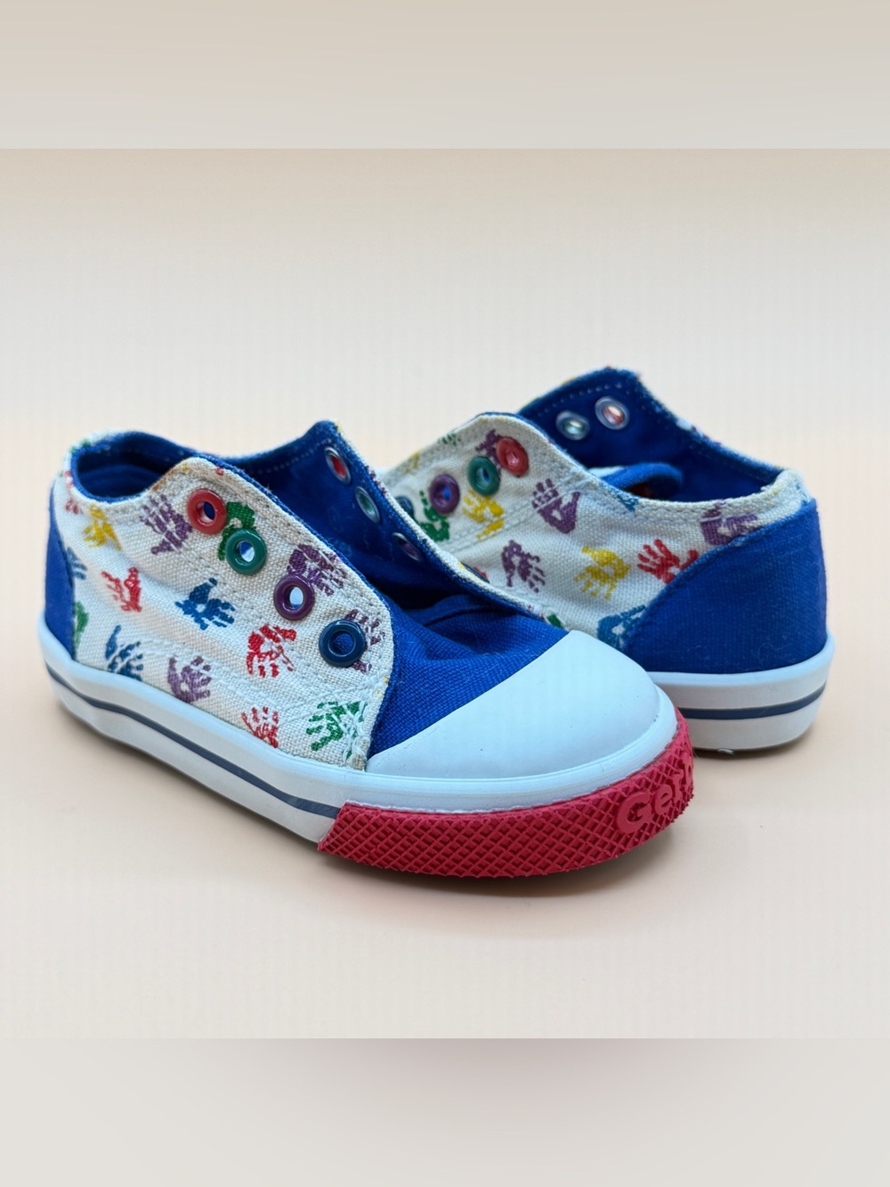 Gerber Toddler Sneakers Blue Multicolor Handprint Canvas Size 4 No Laces VTG